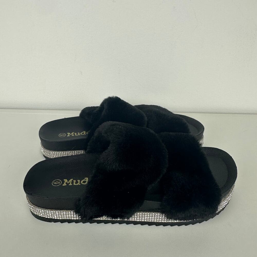 Mudd Womens Lauren Rhinestone Fuzzy Faux Fur Black Sandal Slide Slippers 36